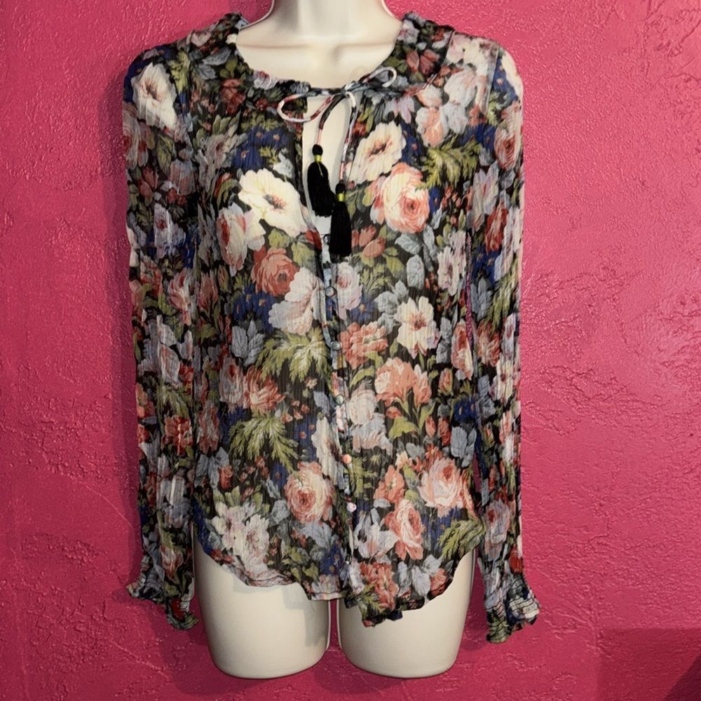 Anthropologie sheer floral long sleeved blouse. Sz XS.